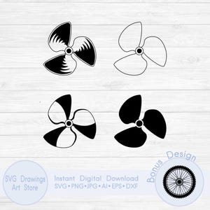 May include: Four black and white propeller designs on a white wooden background. The propellers have three or four blades and are in various styles, including solid and outlined versions. The image also includes text that says "SVG Drawings Art Store" and "Instant Digital Download".