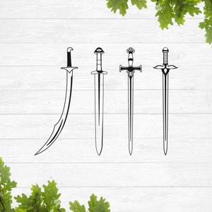 May include: Four different styles of swords, all black in color, are displayed against a white wood background. The swords are arranged in a row from left to right.