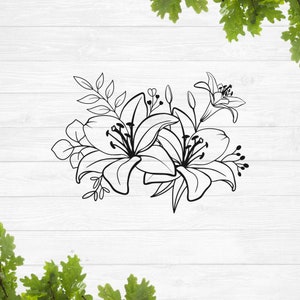 Buquê de lírios svg, Um buquê de lírios svg, Lírio svg, Lírios svg, Copo-de-leite svg, Folha de Vitória-Régia svg, Buquê de flores svg, Flores para casamento svg