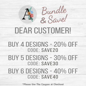 Op de afbeelding: Een afbeelding met een bloemige letter A en de tekst "Bundle & Save!"  BESTE KLANT! KOOP 4 ONTWERPEN - 20% KORTING CODE: SAVE20 KOOP 5 ONTWERPEN - 30% KORTING CODE: SAVE30 KOOP 6 ONTWERPEN - 40% KORTING CODE: SAVE40 *Gebruik de coupon bij het afrekenen