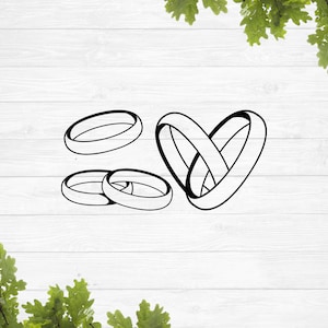 May include: A black and white line drawing of two intertwined wedding rings, symbolizing love and commitment. The rings are depicted in a heart shape, with two additional rings below.