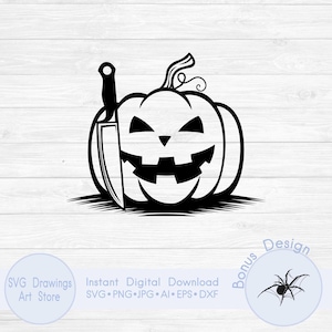 May include: Black and white Halloween-themed graphic of a carved pumpkin with a knife through it. The pumpkin has a sinister grin and is surrounded by a dark shadow. Text includes "SVG Drawings Art Store" and "Instant Digital Download".