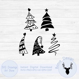 Puede incluir: Diseños de árboles de Navidad en blanco y negro con diferentes estilos, incluyendo árboles con corazones, estrellas y patrones decorativos. La imagen incluye texto: "SVG Drawings Art Store" y "Instant Digital Download SVG.PNG.JPG.AI.EPS.DXF".