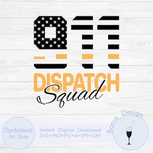 Puede incluir: Diseño digital con el número "911", el "9" relleno con un patrón de estrellas. Debajo, las palabras "DISPATCH Squad" están en una fuente estilizada. También se incluye un diseño extra de una copa de champán.