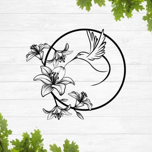 Kolibrie svg, vogel svg, vliegende vogel svg, kolibrie en bloem svg, kolibrie met lelie svg, ronde teken kolibrie svg
