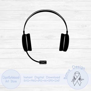 May include: A black silhouette of a headset with a microphone. The headset has large earcups and a curved headband. The microphone extends from the left earcup. The image is on a light wood grain background.