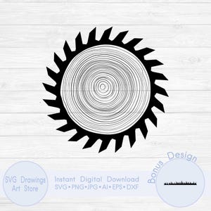 May include: Black and white circular saw blade design with a wood grain center. The image includes text that reads "SVG Drawings Art Store" and "Instant Digital Download". A bonus design of grass is also included.