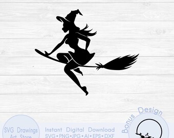 Witch on broom svg, Flying witch svg, Spooky halloween witch svg, Cute witch svg