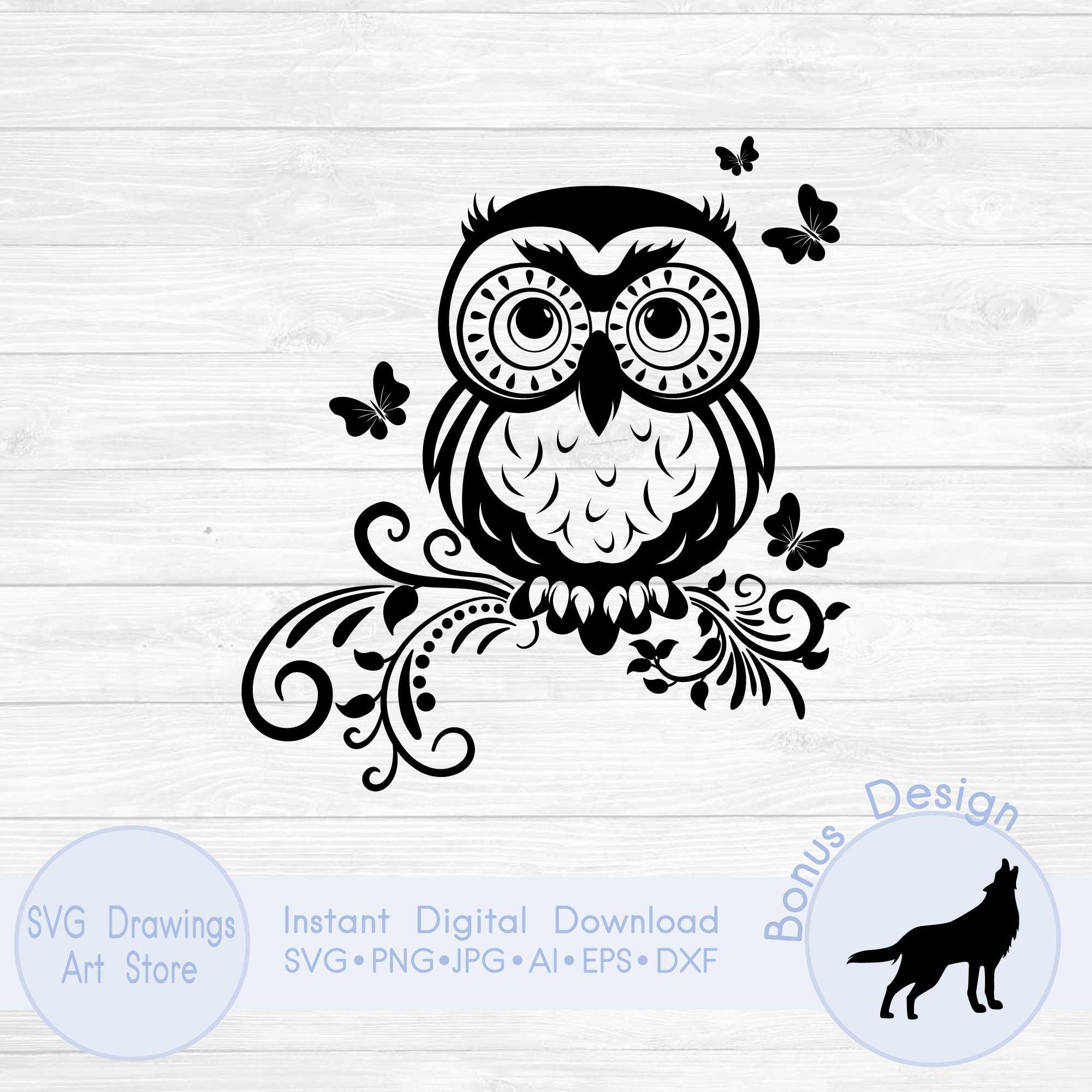 Owl on a branch svg, Cute owl svg, Home decor SVG/PNG design, Bird svg drawing