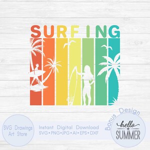 Surf in formato SVG, Surfista in formato SVG, Surf in formato SVG, Palma dell'oceano in formato SVG, Sport in formato SVG, Design retrò per maglietta estiva