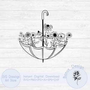Kwiatowy parasol svg, Jesień svg, Kwiatowy svg, Parasol z dzikim kwiatem svg png, Parasol z kwiatami svg
