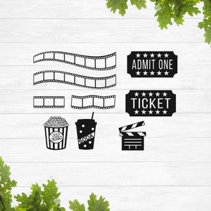 Könnte beinhalten: Schwarzweiße Clipart-Bilder von filmbezogenen Gegenständen, darunter Filmrollen, Popcorn, ein Sodaglas, ein Ticket, eine Filmklappe und zwei Schilder mit der Aufschrift "ADMIT ONE" und "TICKET".