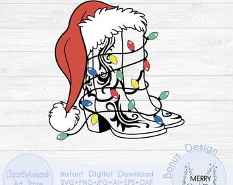 Botas vaqueras navideñas SVG, gorro de Papá Noel vaquero SVG, luces navideñas PNG, decoración navideña SVG
