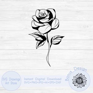 Long stem rose svg, Rose with stem svg, Cricut rose svg, Rose silhouette svg, Rose outline svg, Simple rose svg, Abstract rose svg