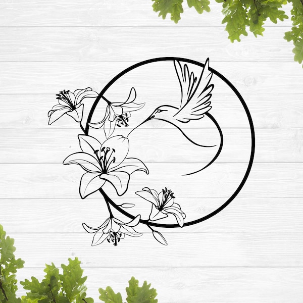 Colibri avec tigre lily svg, colibri avec fleur svg, oiseau volant svg, signe rond colibri svg