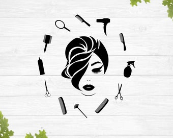 Hair stylist tools svg design Hairdresser t-shirt png design Girl face with hair tools svg file for cricut