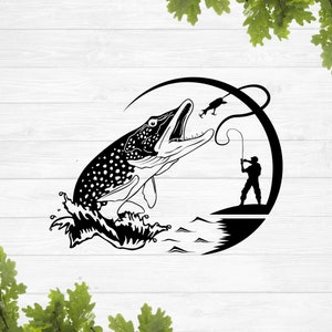 May include: Black and white silhouette of a fish jumping out of the water with a fishing lure in its mouth. A fisherman is standing on the shore with a fishing rod in hand.