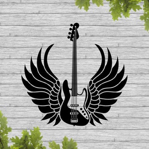 SVG, elektrische gitaar en engelenvleugels SVG, basgitaar SVG, gitaar silhouet SVG, muziek SVG, sublimatie ontwerpbestanden, vinyl stencil