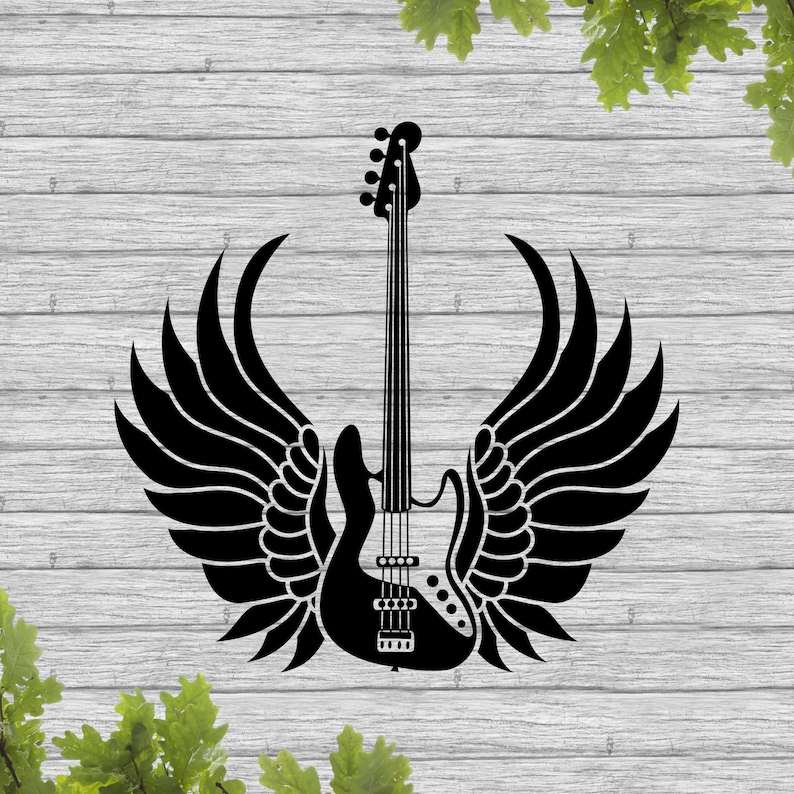 SVG, Electric guitar and angel wings svg, bass guitar svg, guitar silhouette svg, music svg, sublimation design files, vinyl stencil image 1