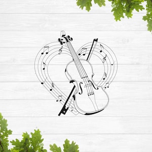 Op de afbeelding: Zwart-witte lijntekening van een viool in een hartvorm die gevormd wordt door muzieknoten.