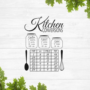 May include: Black and white kitchen conversion chart with a spoon and whisk. The chart shows the conversions for cups, ounces, tablespoons, and teaspoons. The chart also shows the conversions for gallons, quarts, and pints.