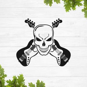 Gitaar bas met schedel svg, gekruiste gitaar op schedel skelet hoofd svg, gitaar silhouet svg, gitaar overzicht svg, muziek svg