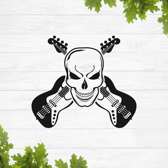 Guitar Bass With Skull Svg, Crossed Guitar on Skull Skeleton