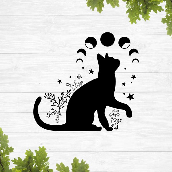 Chat lune svg, svg de chat noir, svg de phase de lune