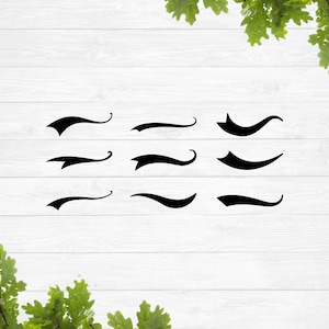 May include: A set of nine black decorative divider lines, or swashes, for use in graphic design or calligraphy. The lines are curved and flowing, and they are arranged in three rows of three.