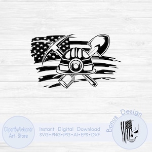 May include: Black and white graphic of a miner's helmet, pickaxe, and shovel, set against a stylized American flag. The design includes the text "Instant Digital Download" and file type information.