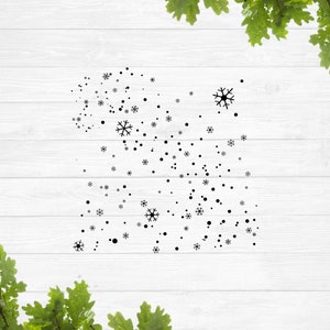 May include: A black and white illustration of snowflakes and dots scattered on a white background.