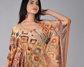 Abstract Print Kaftan Kurta: Women’s Boho Kimono Sleeve Tunic
