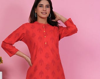 Túnica de algodón con estampado de bloques: mangas tres cuartos, Kurti indio informal