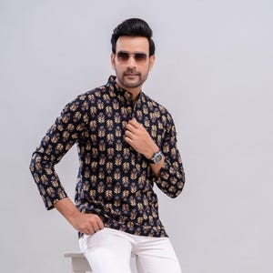 Handmade Floral Cotton Shirt: Men&#39;s Long Sleeve Comfort Fit