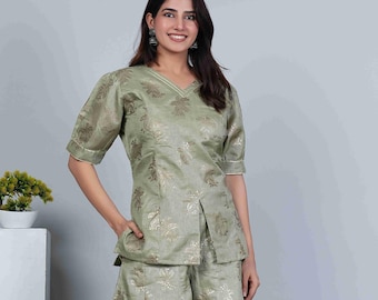 Chanderi Silk Kurta Palazzo Set: Indian Ethnic Printed Co-Ord