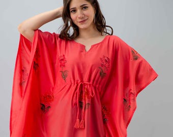 Printed Muslin Kaftan Top: V-Neck Bohemian Beach Cover-Up
