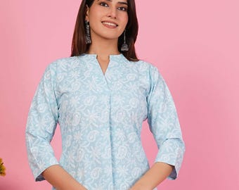 Floral Print Kurta Palazzo Set: Mandarin Collar Indian Co-ord Outfit