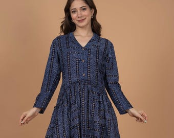 Kurti de algodón azul: Túnica india con estampado étnico para mujer