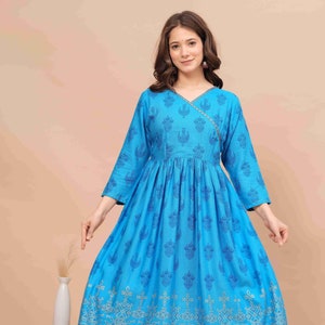 Sky Blue Rayon Anarkali Kurta: Flared Indian Ethnic Dress