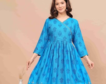 Sky Blue Rayon Anarkali Kurta: Flared Indian Ethnic Dress