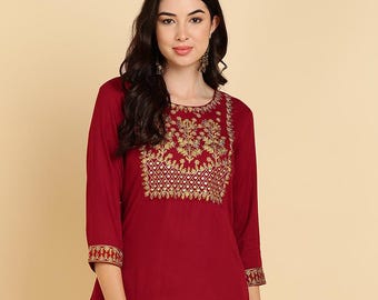Maroon Rayon Kurti: Floral Embroidery Indian Tunic