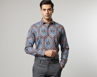 Men's Slim Fit Printed Cotton Blend Shirt, Modern Casual Button Down