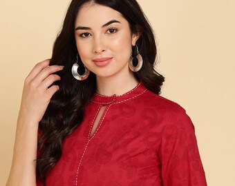 Kurti túnica de algodón estampado color granate: Top étnico indio