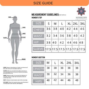 May include: A size guide for women's tops and bottoms, with measurements in inches. The guide includes chest, waist, hip, and sleeve measurements for tops, and length, waist, and hip measurements for bottoms. Sizes range from S to 3XL.
