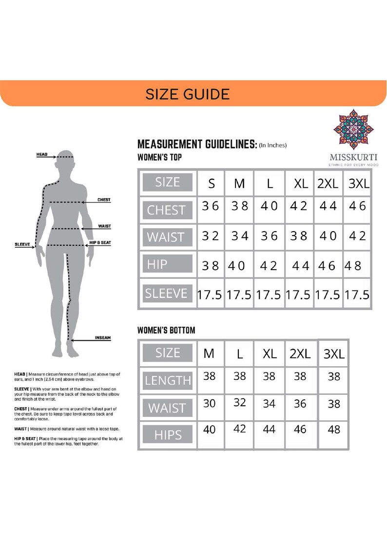 May include: A size guide for women's tops and bottoms, with measurements in inches. The guide includes chest, waist, hip, and sleeve measurements for tops, and length, waist, and hip measurements for bottoms. Sizes range from S to 3XL.