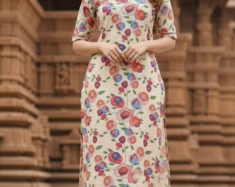 Floral Print Cotton Kurta Pant Set, Women's Mandarin Collar Co-Ord