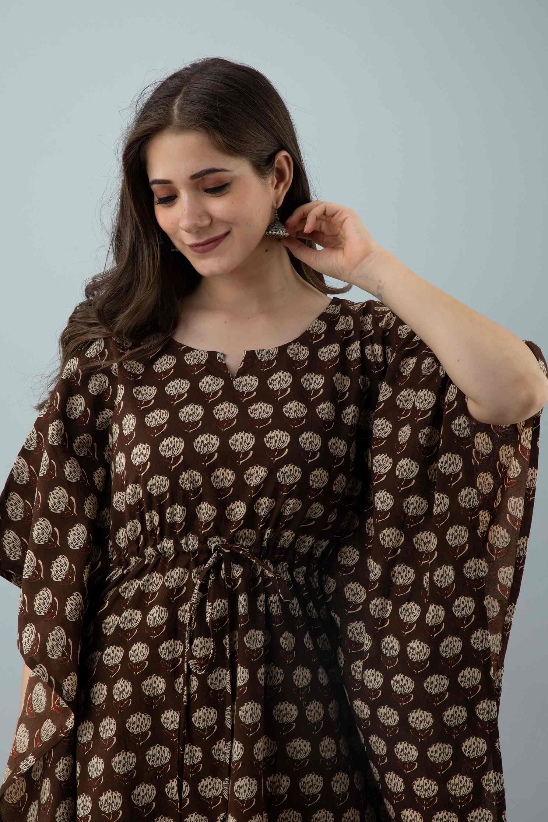 Brown Cotton Kaftan Dress: Ethnic Boho Tunic, Festival Resort Wear