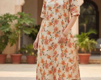 Floral Print Kurta Trouser Set, Relaxed Fit Indian Co-ord