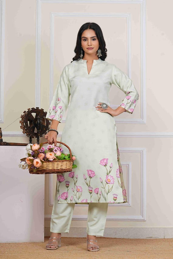 Floral Printed Kurta Set, Cotton-Linen Blend Indian Suit