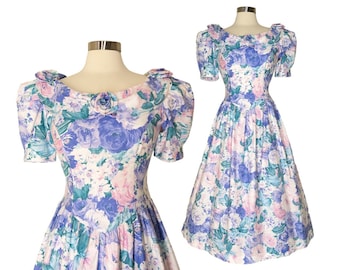 Vintage Floral Party Dress, 80s Puffy Sleeve Cotton Dress, Drop Waist Coquette Style Tea Dress